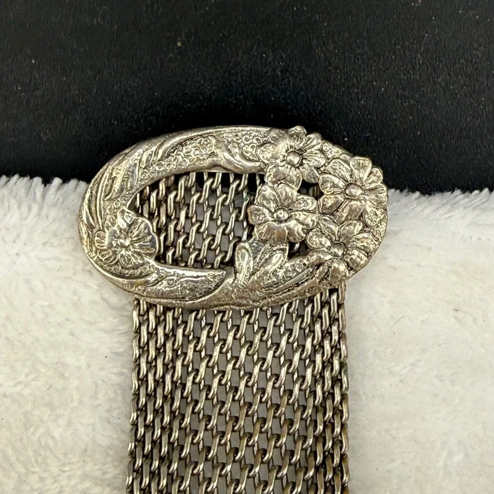 Vintage Brooch Pink Silver Tone Mesh Ribbon Floral Rhinestone Chatelaine Style